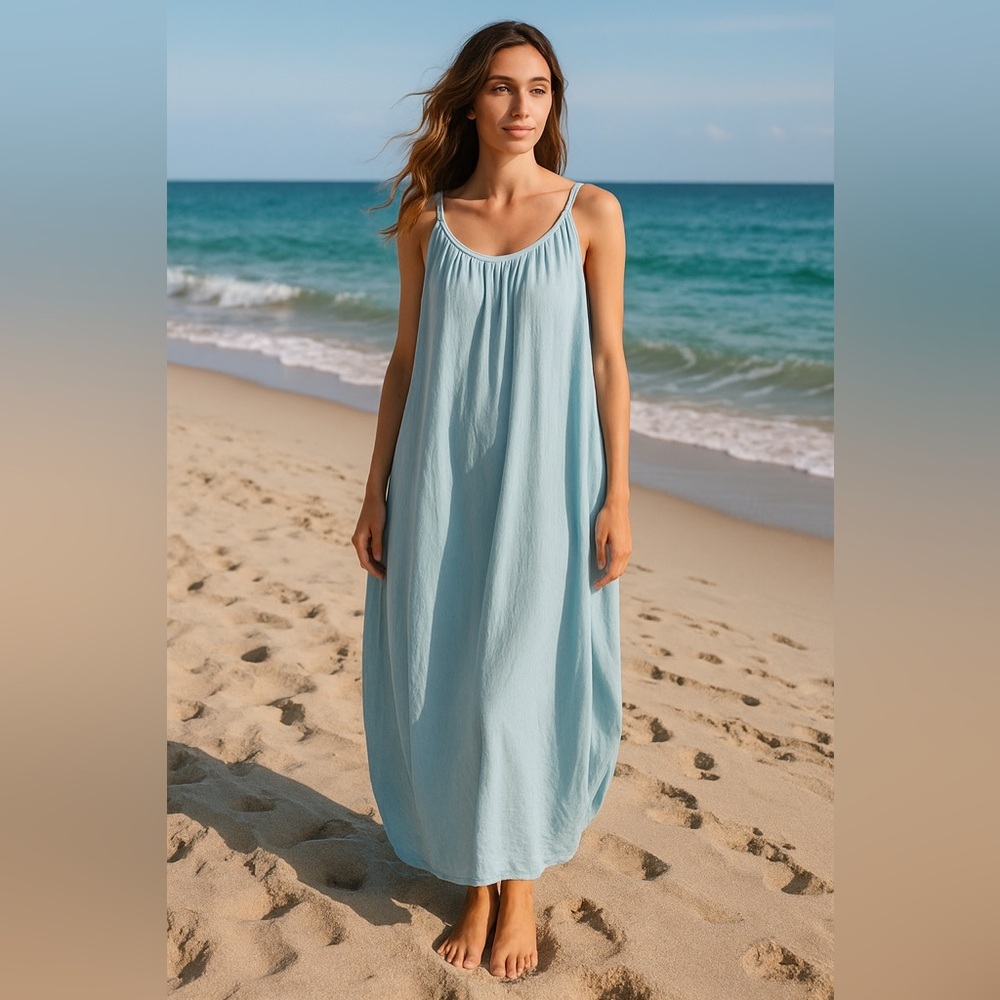 NWT StitchDrop Sky Dust Blue Sleeveless Maxi Dress Cotton Size Small Oversized